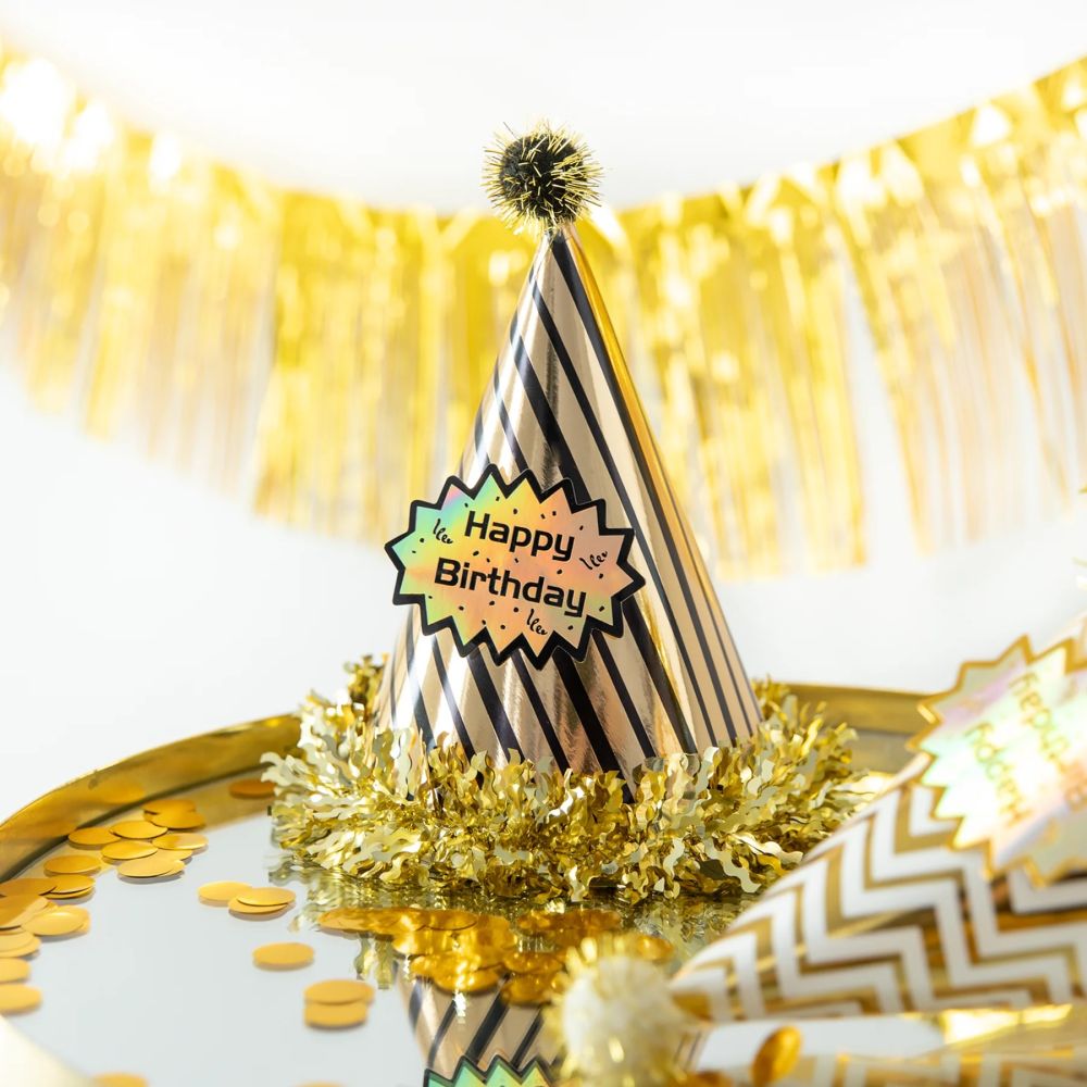 Czapeczka papierowa Happy Birthday - paski, złoto-czarna