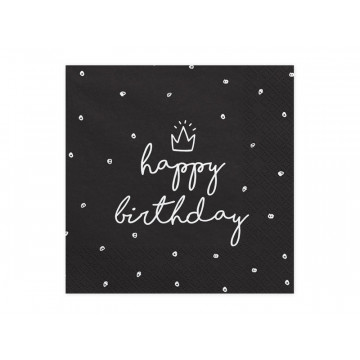 Serwetki Happy Birthday - PartyDeco - czarne, 33 x 33 cm, 20 szt.