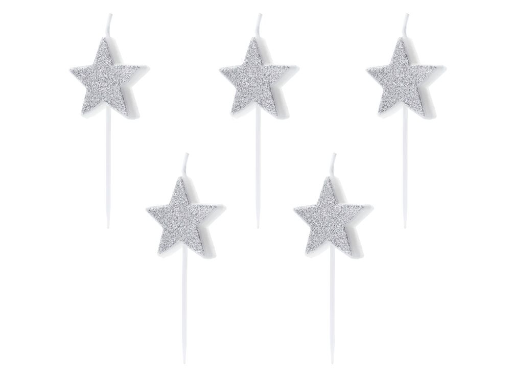 Birthday Stars candles - PartyDeco - silver, 5 pcs.