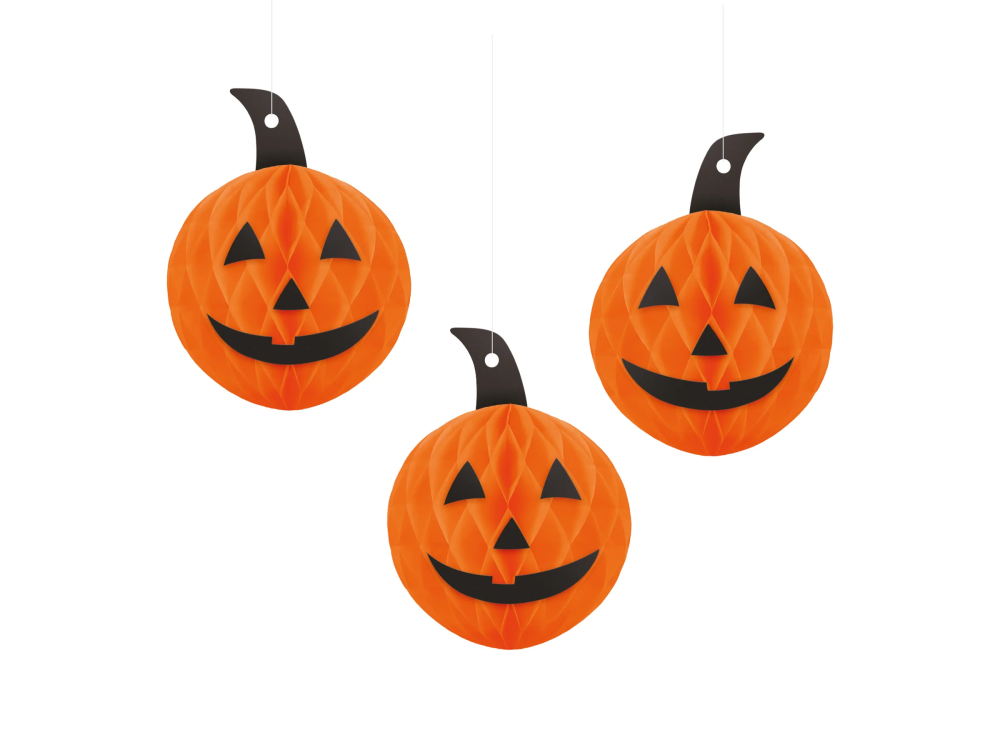 Dekoracja wisząca honeycomb na Halloween Uśmiechnięte Dynie - 3 szt.