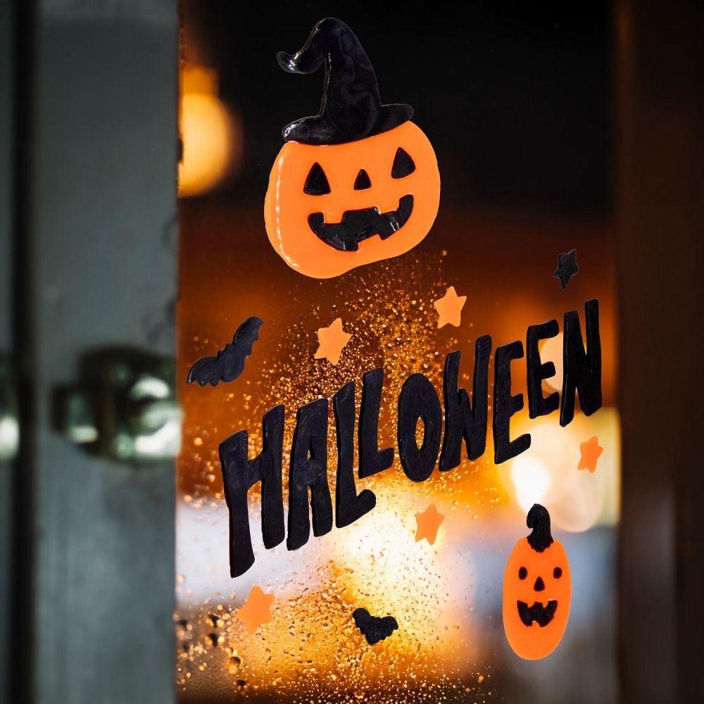 Naklejki dekoracyjne żelowe na okno Halloween - czarny napis