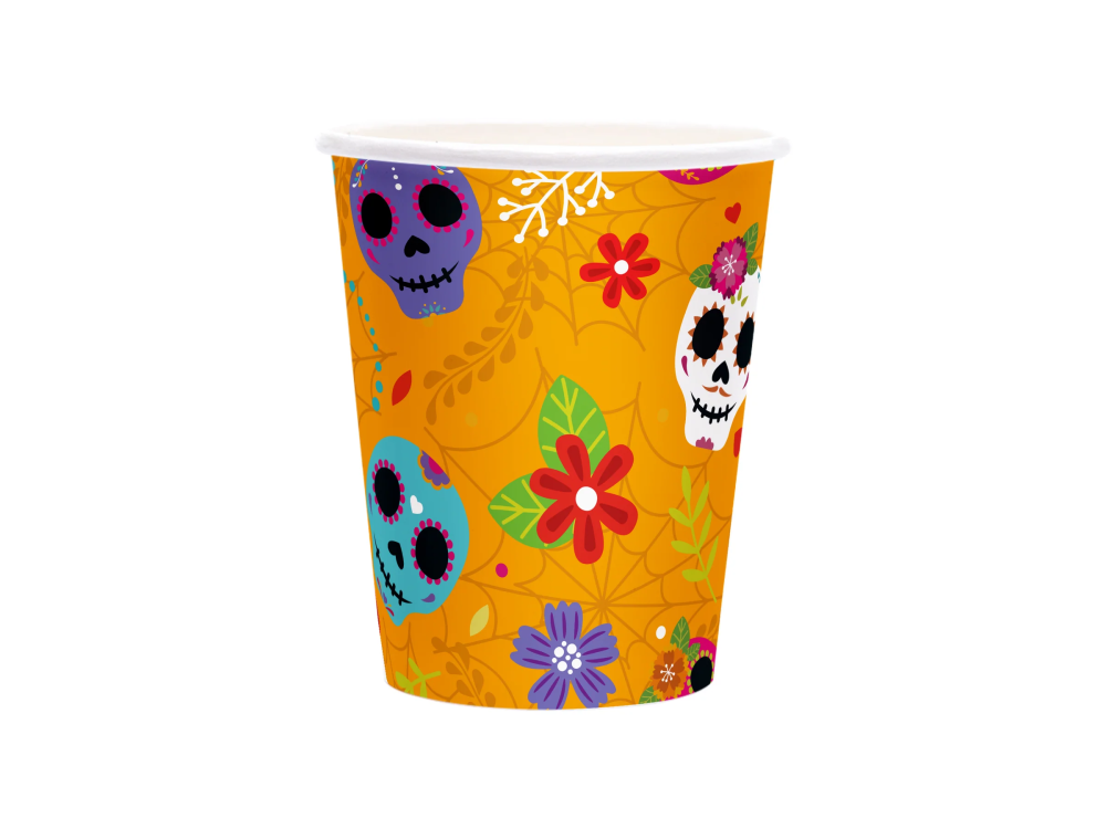Kubeczki papierowe na Halloween - Meksykańskie Czaszki, 220 ml, 6 szt.