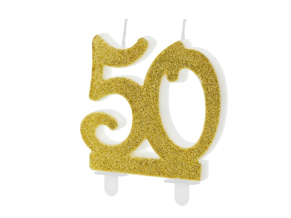 Świeczka urodzinowa liczba 50 - PartyDeco - brokatowa, złota