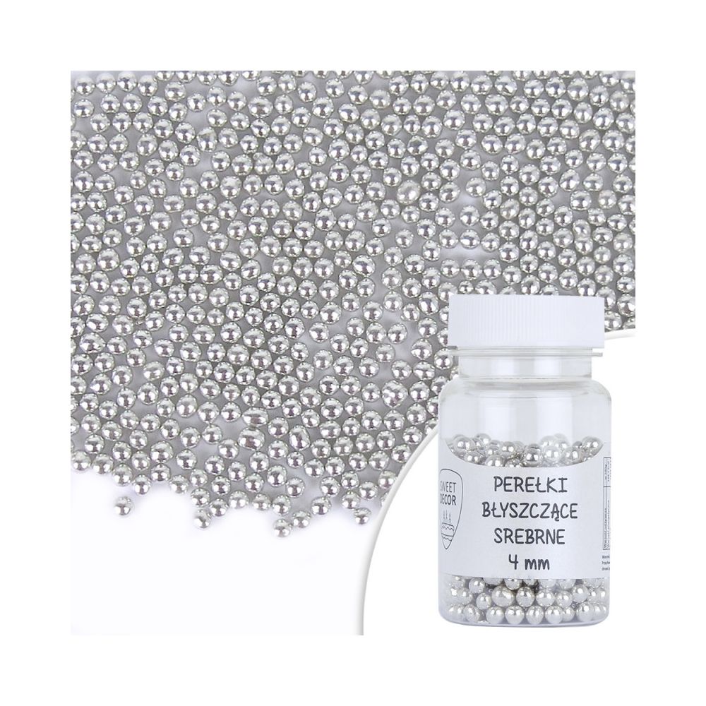 Sugar sprinkles - pearls, shiny, silver, 4 mm, 40 g