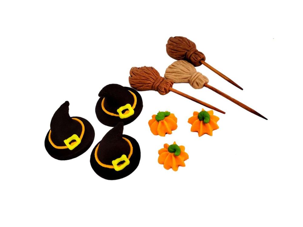 Sugar Halloween Decorations Brooms and Hats - Ditarte - 9 items