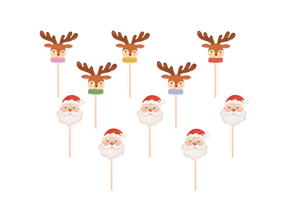 Christmas Cupcake Toppers Reindeer & Santa - 10 pcs.