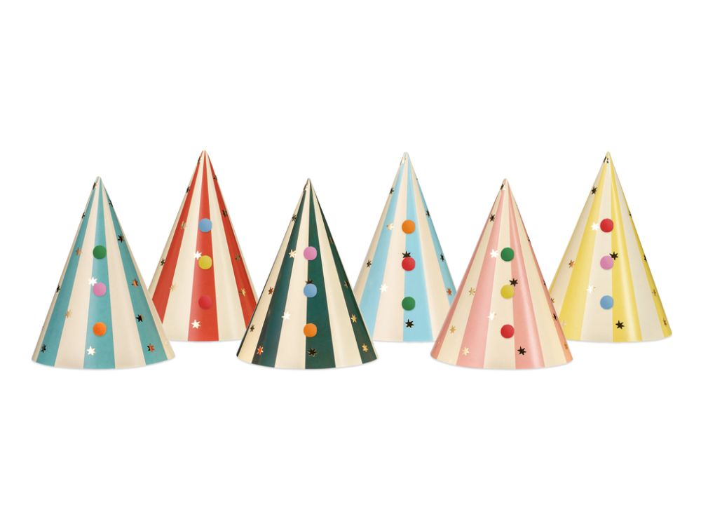 Paper Hats with pompoms Circus Party - PartyDeco - 6 pcs.