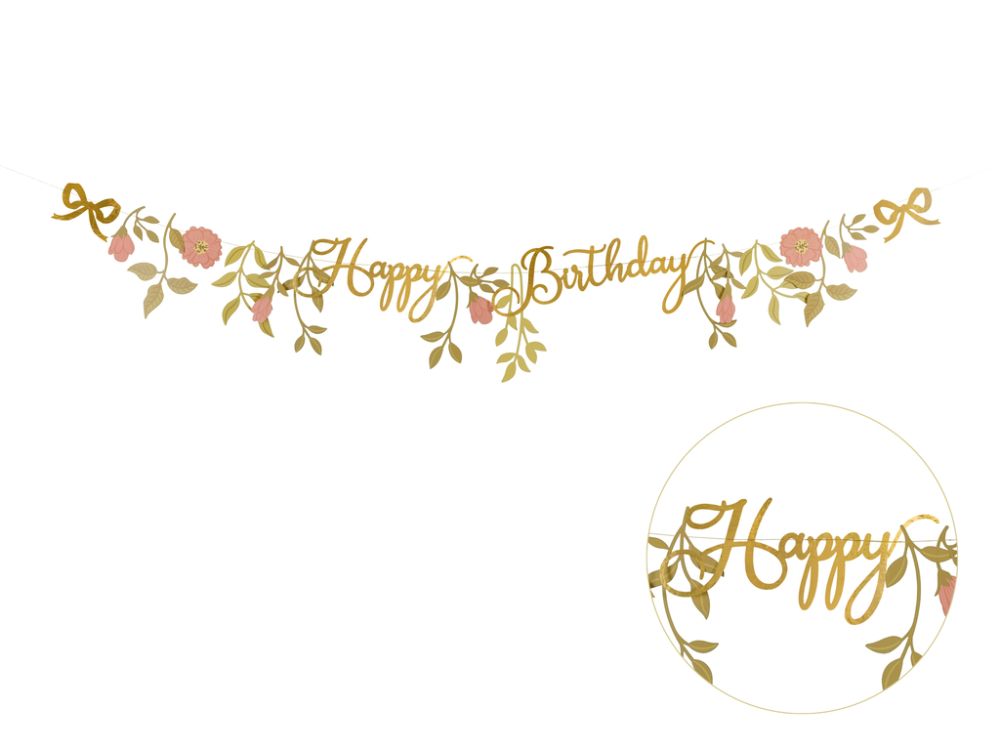 Happy Birthday Banner Gold Flowers - PartyDeco - 130 cm