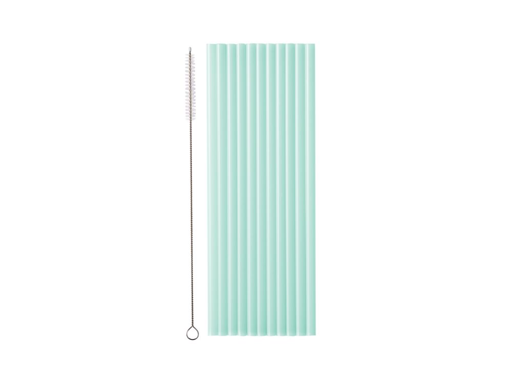 Plastic straws with cleaning brush - PartyDeco - Sage, 23 cm, 12 pcs.