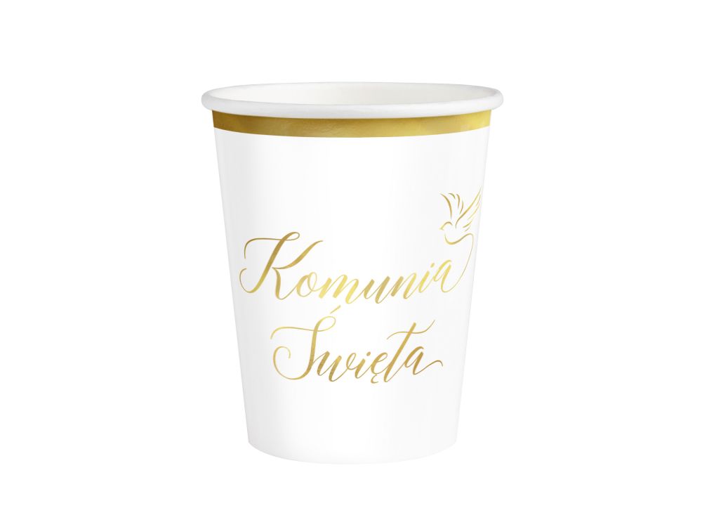 Kubeczki papierowe komunijne - biało-złote 220 ml 6 szt.