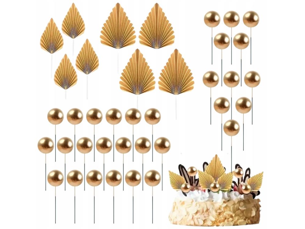 Dekoracje toppery na piku Kulki z wachlarzami - złote, 38 szt.