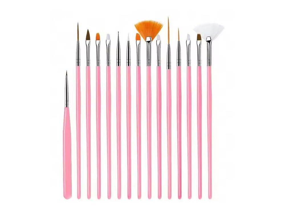 Zestaw precyzyjnych pędzelków - różowe, 15 szt.