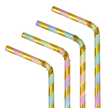 Paper straws with stripes - pastel and gold, 19,5 cm, 10 pcs.