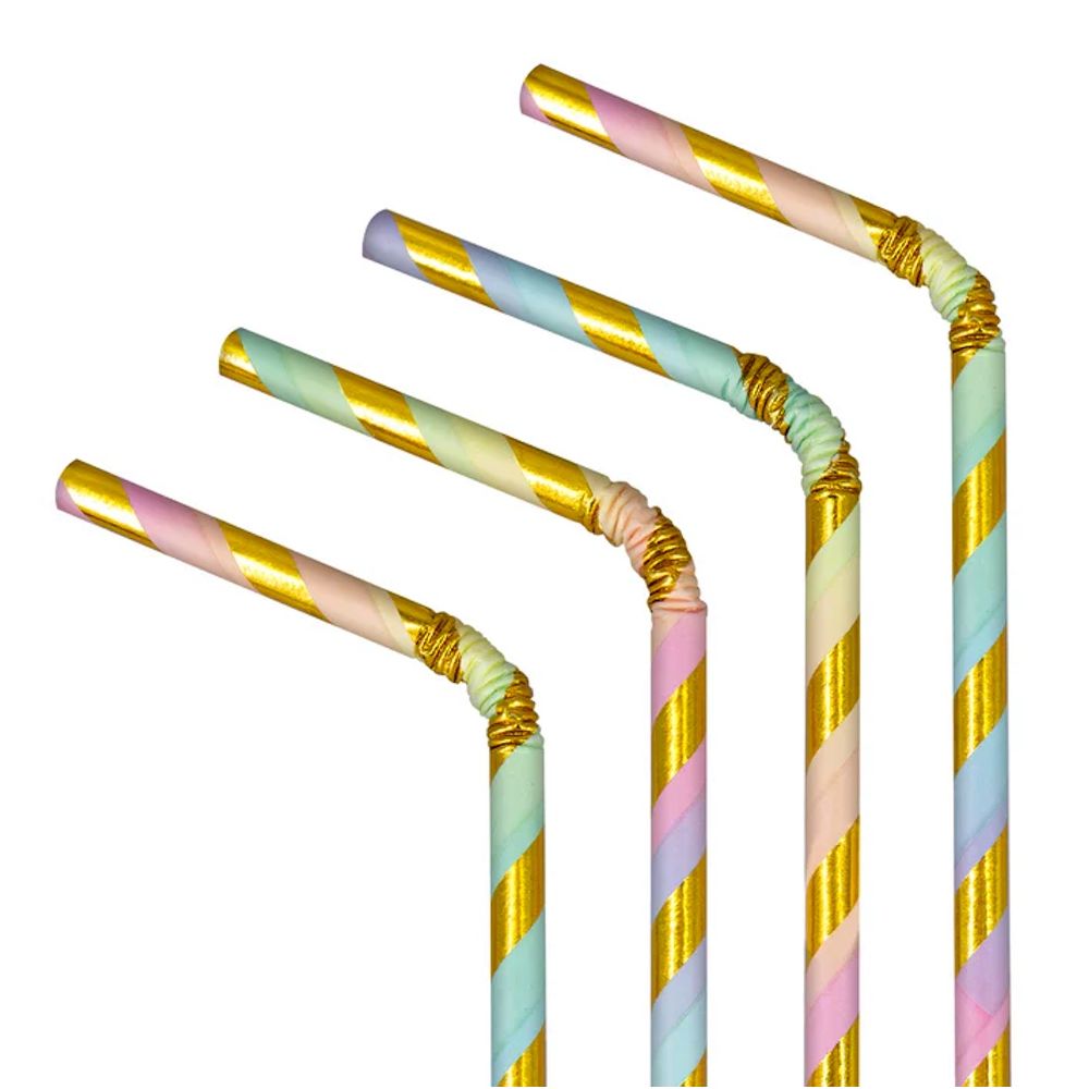 Paper straws with stripes - pastel and gold, 19,5 cm, 10 pcs.