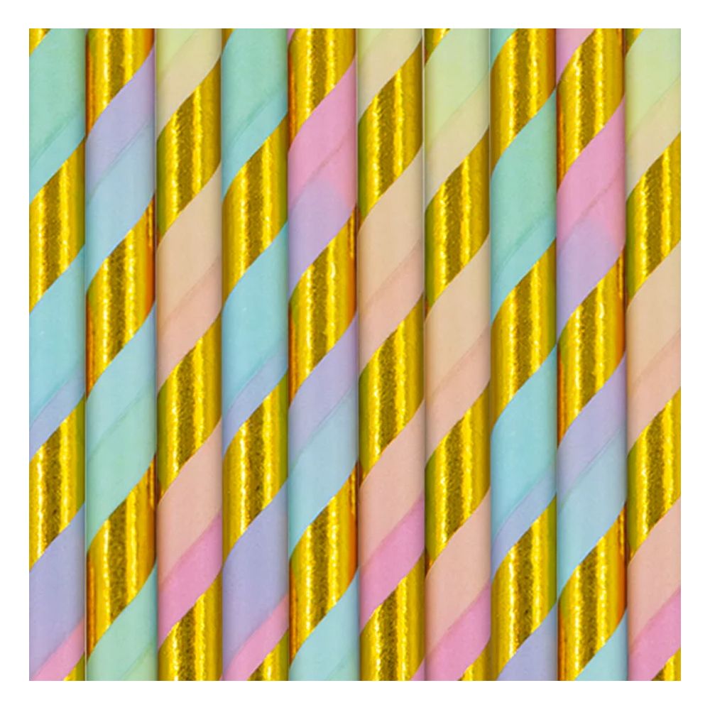 Paper straws with stripes - pastel and gold, 19,5 cm, 10 pcs.