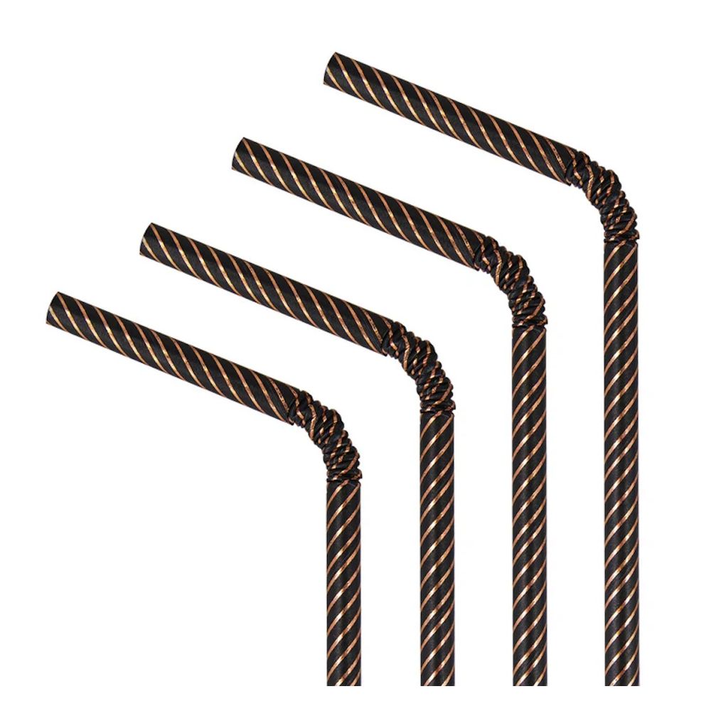Paper straws with stripes - black and rose gold, 19,5 cm, 10 pcs.