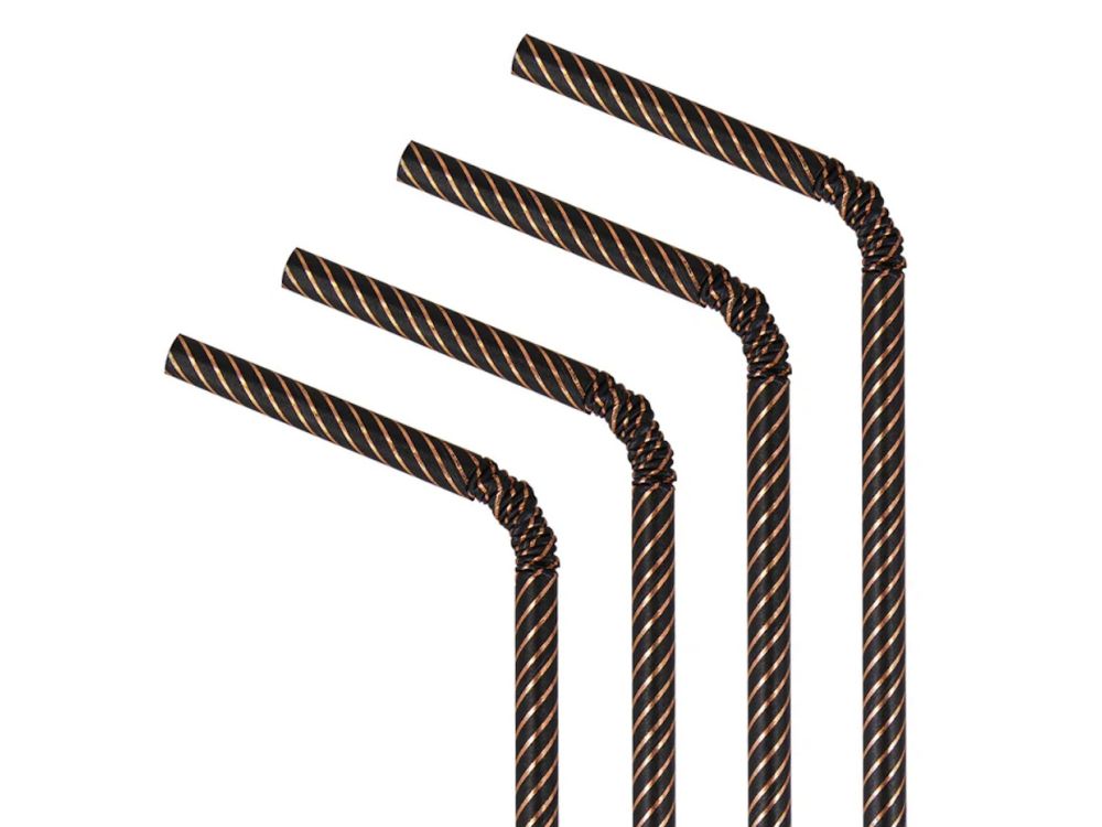 Paper straws with stripes - black and rose gold 19,5 cm 10 pcs