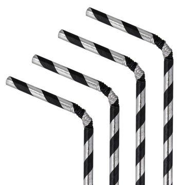 Paper straws with stripes - black and silver, 19,5 cm, 10 pcs.