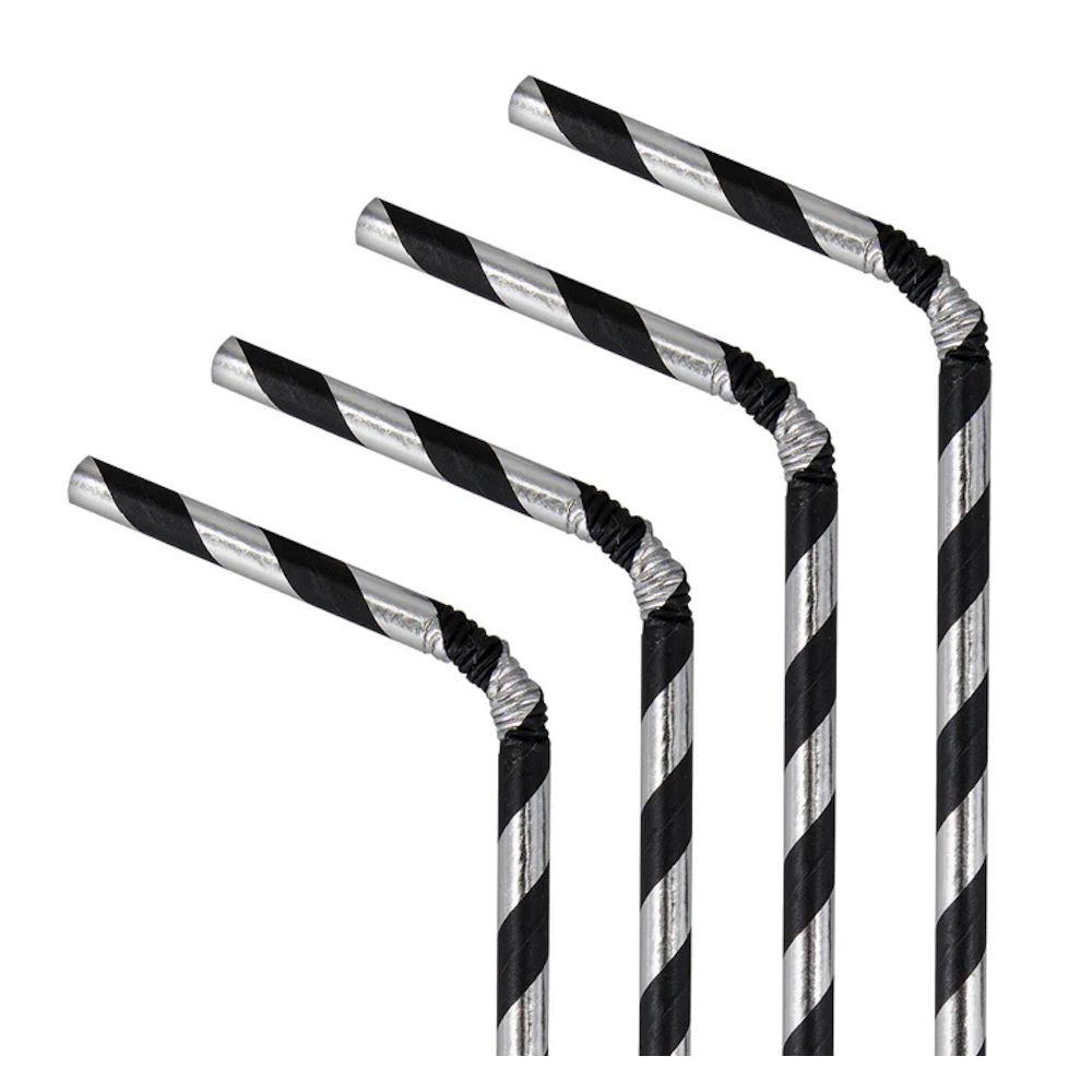 Paper straws with stripes - black and silver, 19,5 cm, 10 pcs.
