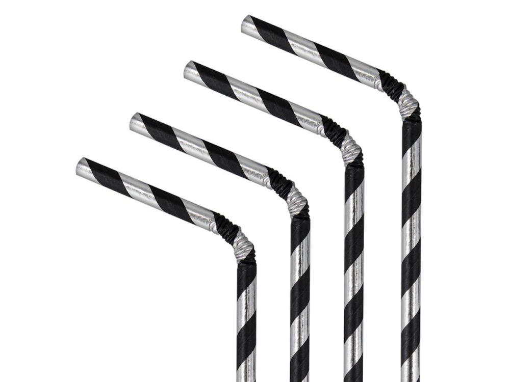 Słomki papierowe w paski - czarno-srebrne 19,5 cm 10 szt.
