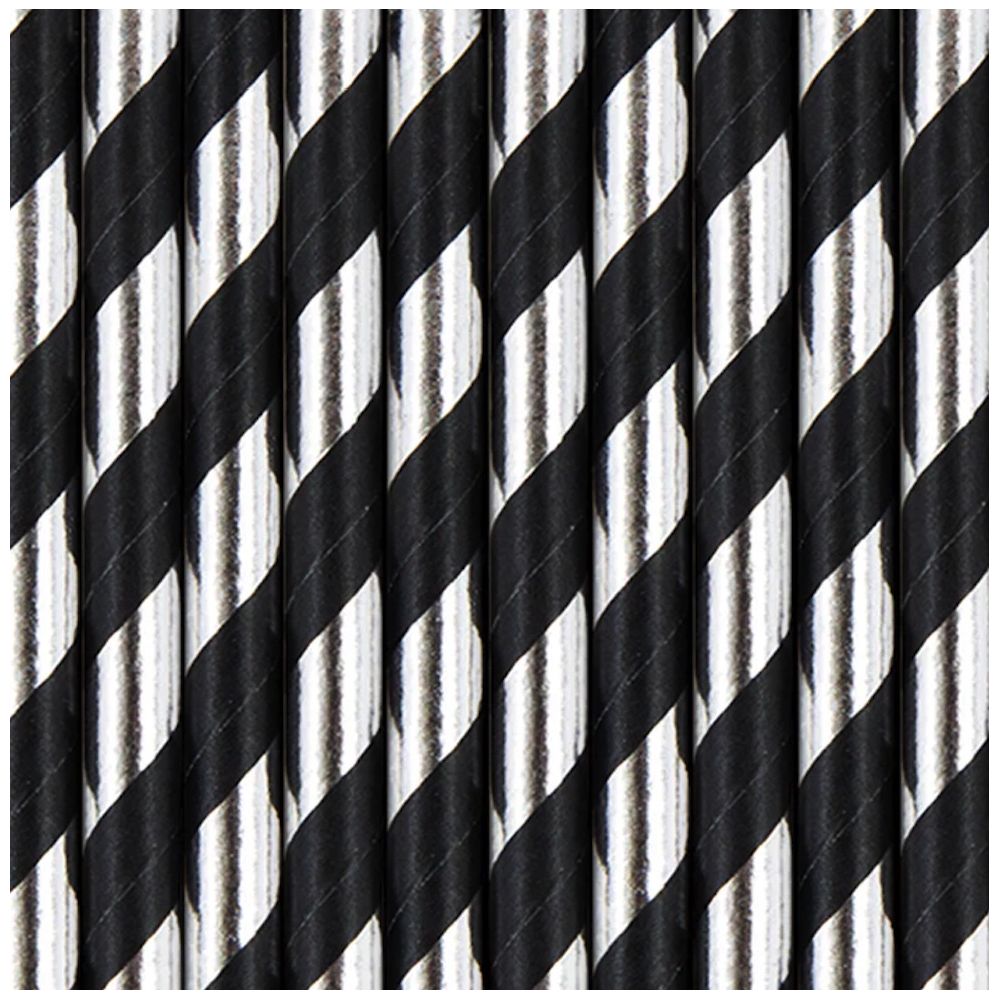 Paper straws with stripes - black and silver, 19,5 cm, 10 pcs.