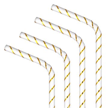 Paper straws with stripes - white and gold, 19,5 cm, 10 pcs.