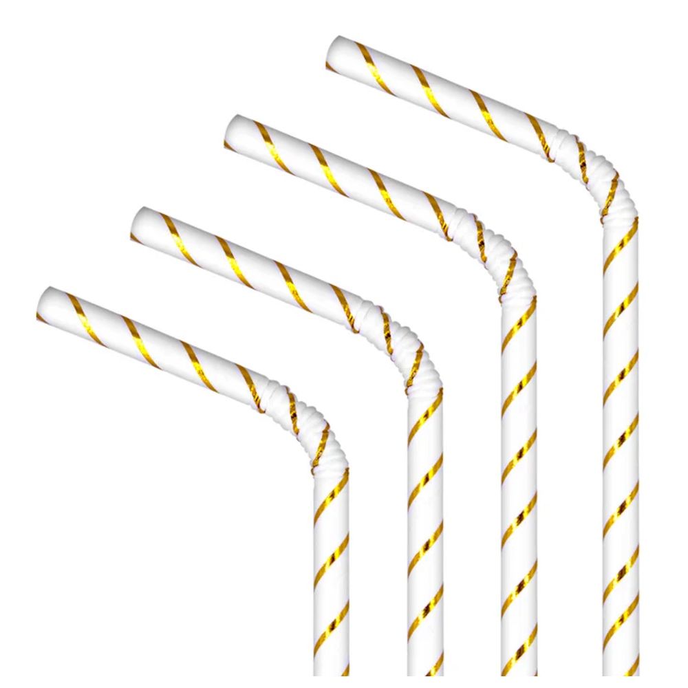 Paper straws with stripes - white and gold, 19,5 cm, 10 pcs.