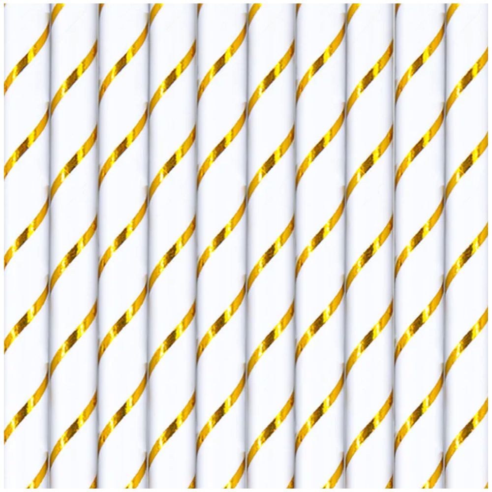 Paper straws with stripes - white and gold, 19,5 cm, 10 pcs.