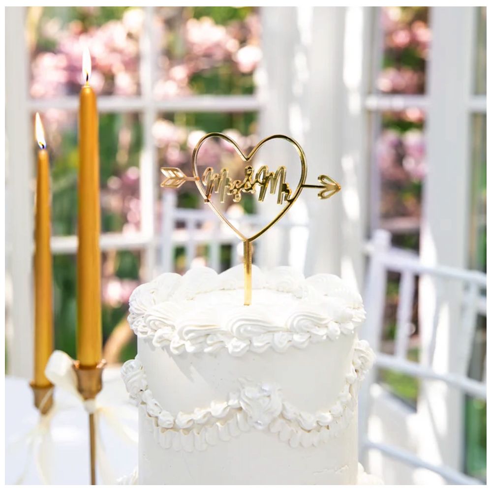 Topper na tort weselny Mrs & Mr - złoty, 13 cm