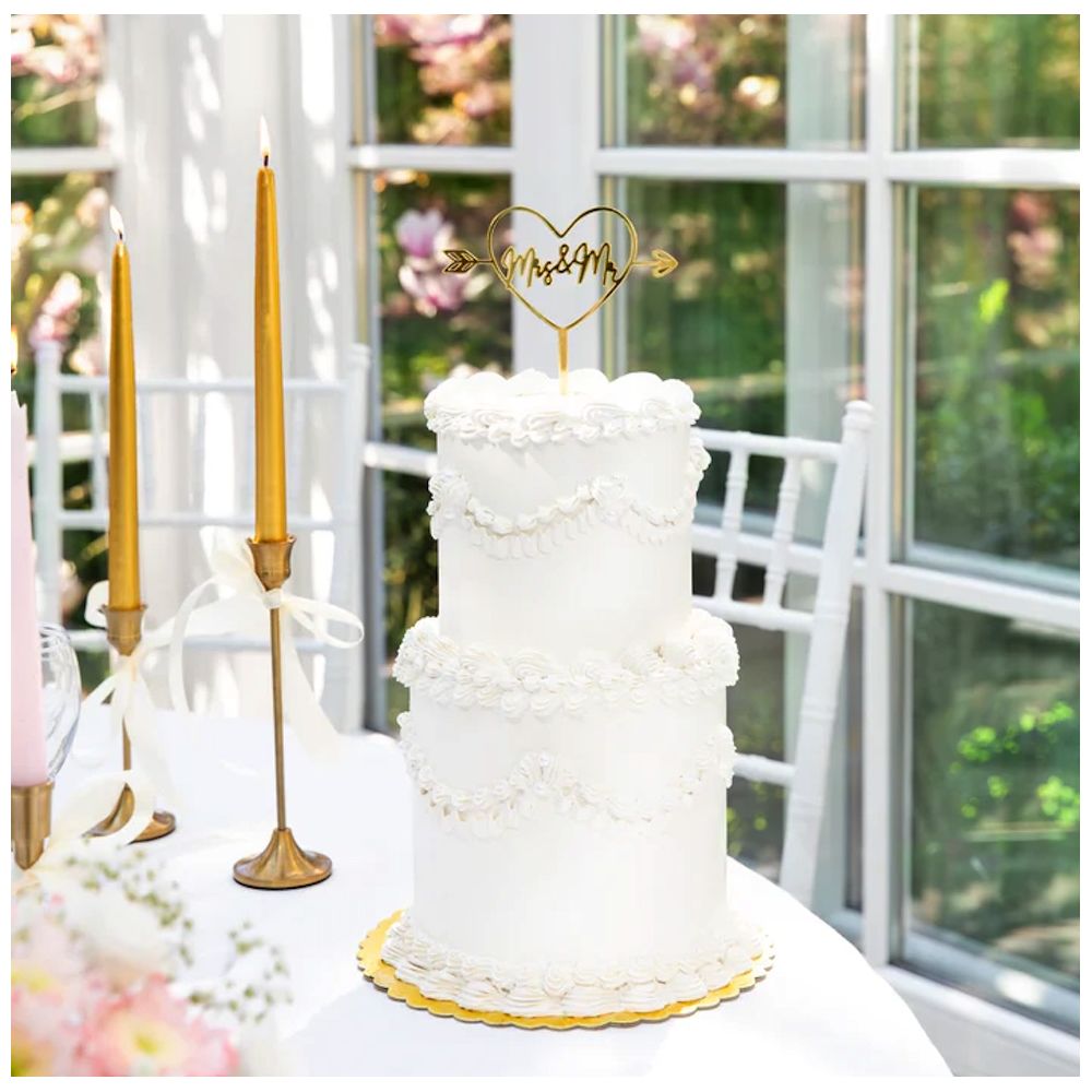 Topper na tort weselny Mrs & Mr - złoty, 13 cm