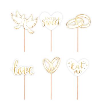 Cake toppers Wedding - white and gold, 12 pcs