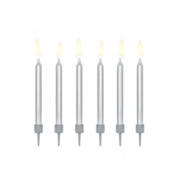 Birthday plain candles - PartyDeco - silver, 6 cm, 6 pcs.