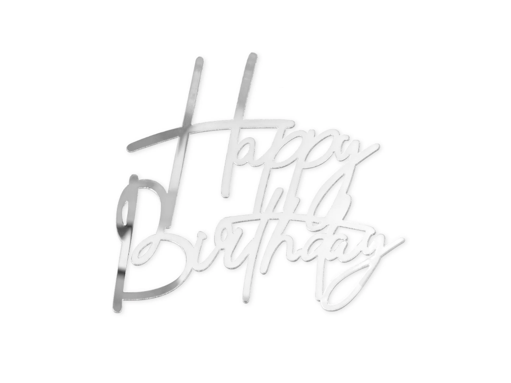 Topper akrylowy na bok tortu Happy Birthday - srebrny