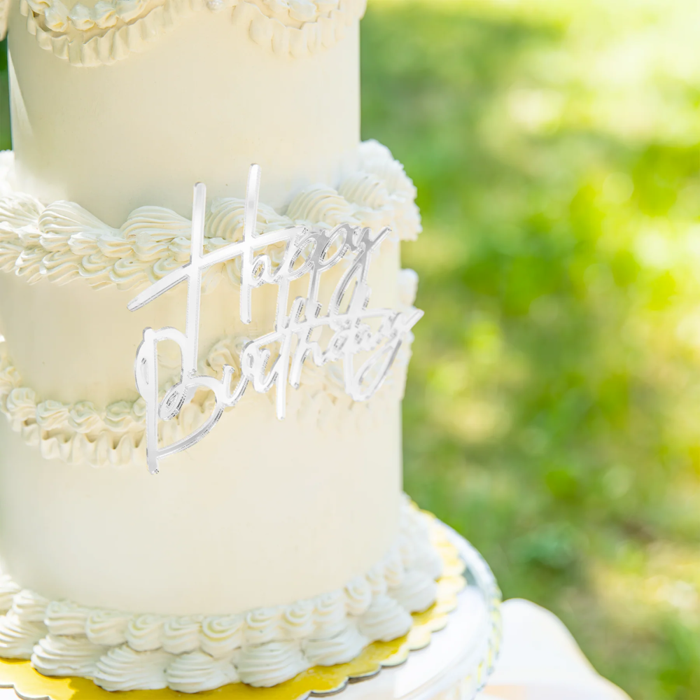 Topper akrylowy na bok tortu Happy Birthday - srebrny