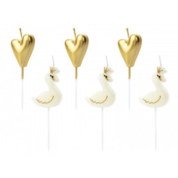 Birthday candles Lovely Swan - PartyDeco - white and gold, 6 pcs.
