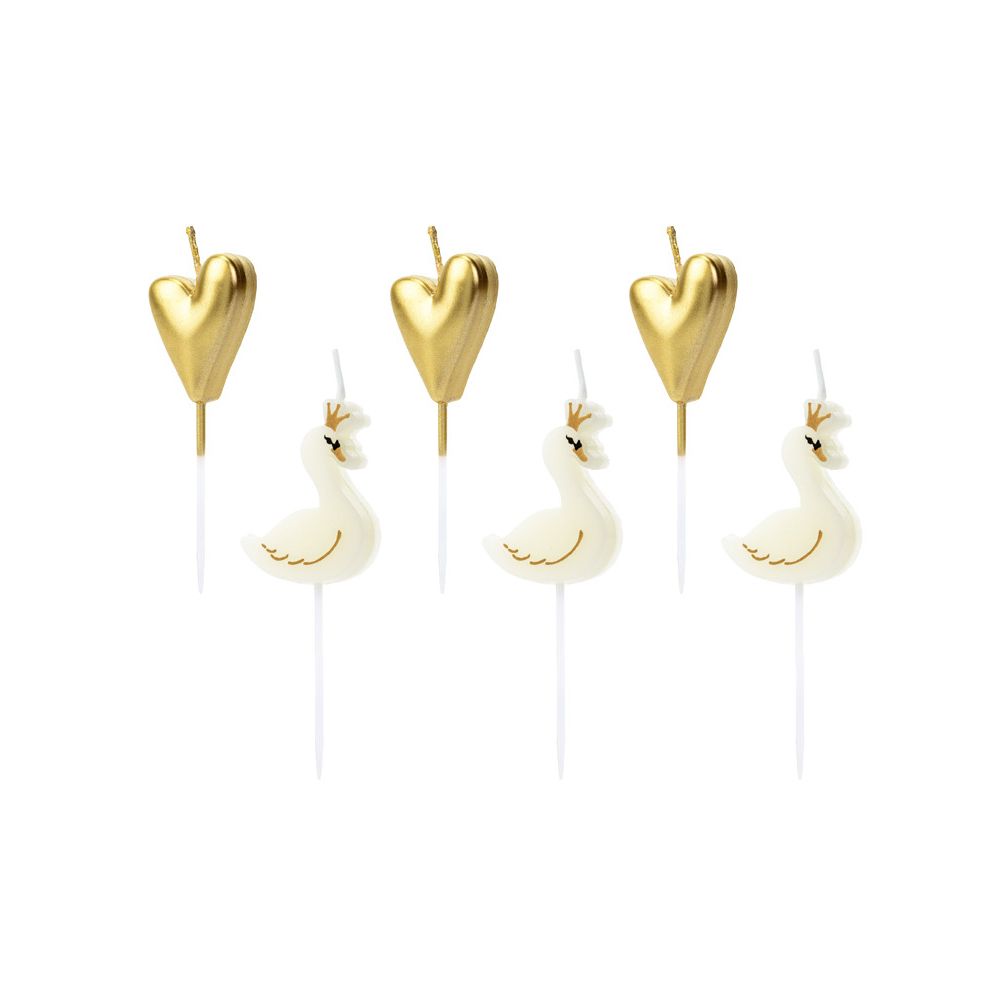 Birthday candles Lovely Swan - PartyDeco - white and gold, 6 pcs.