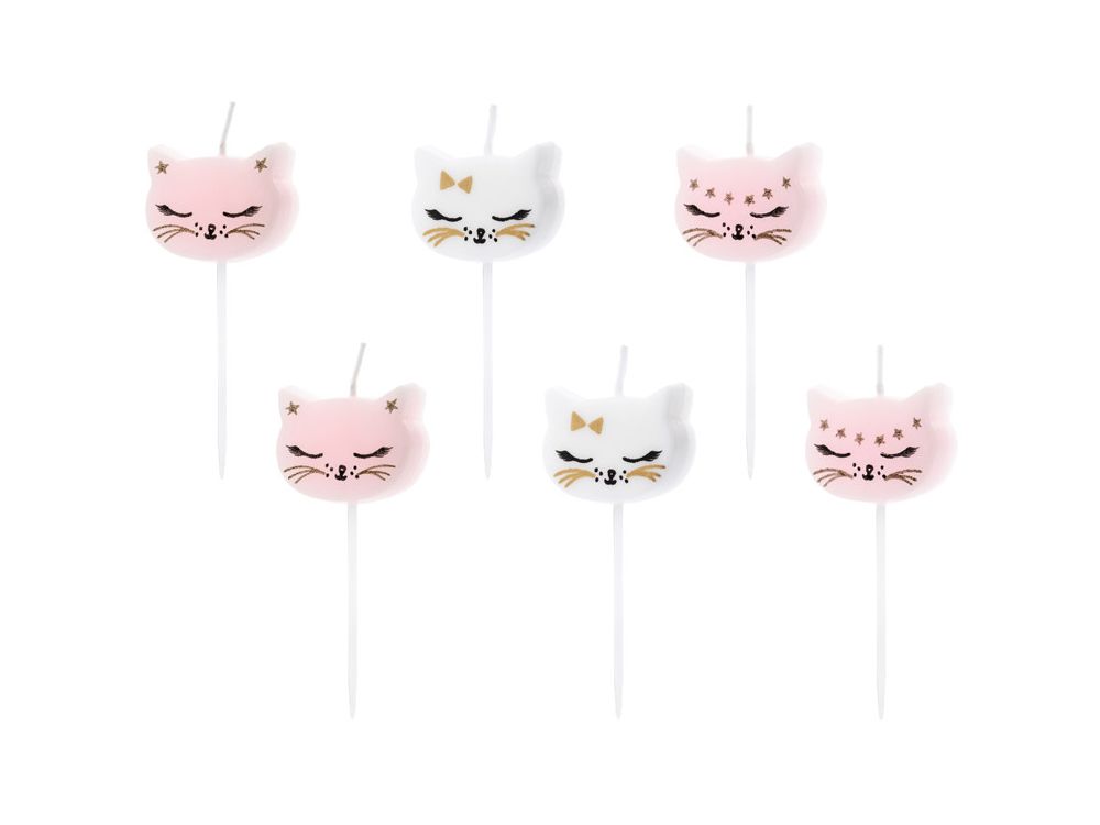 Birthday Kitten candles - PartyDeco - white and pink, 6 pcs.