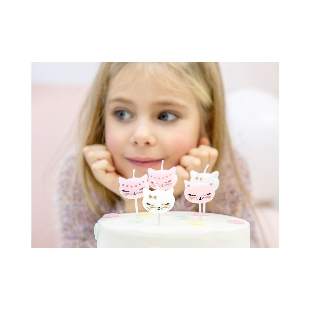 Birthday Kitten candles - PartyDeco - white and pink, 6 pcs.