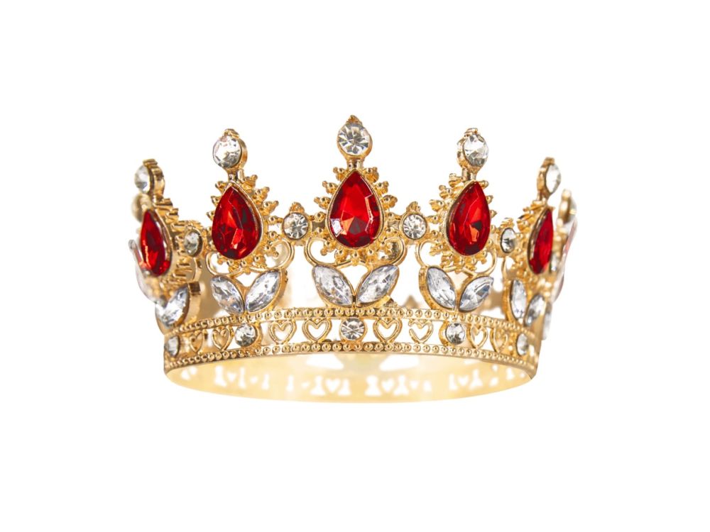Crown with gemstones cake topper - gold and red 10 cm