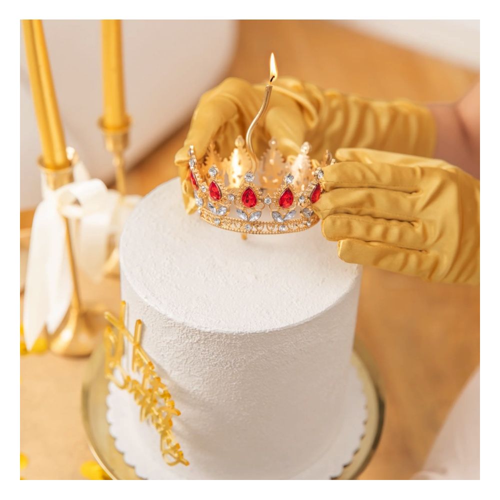 Crown with gemstones cake topper - gold and red 10 cm