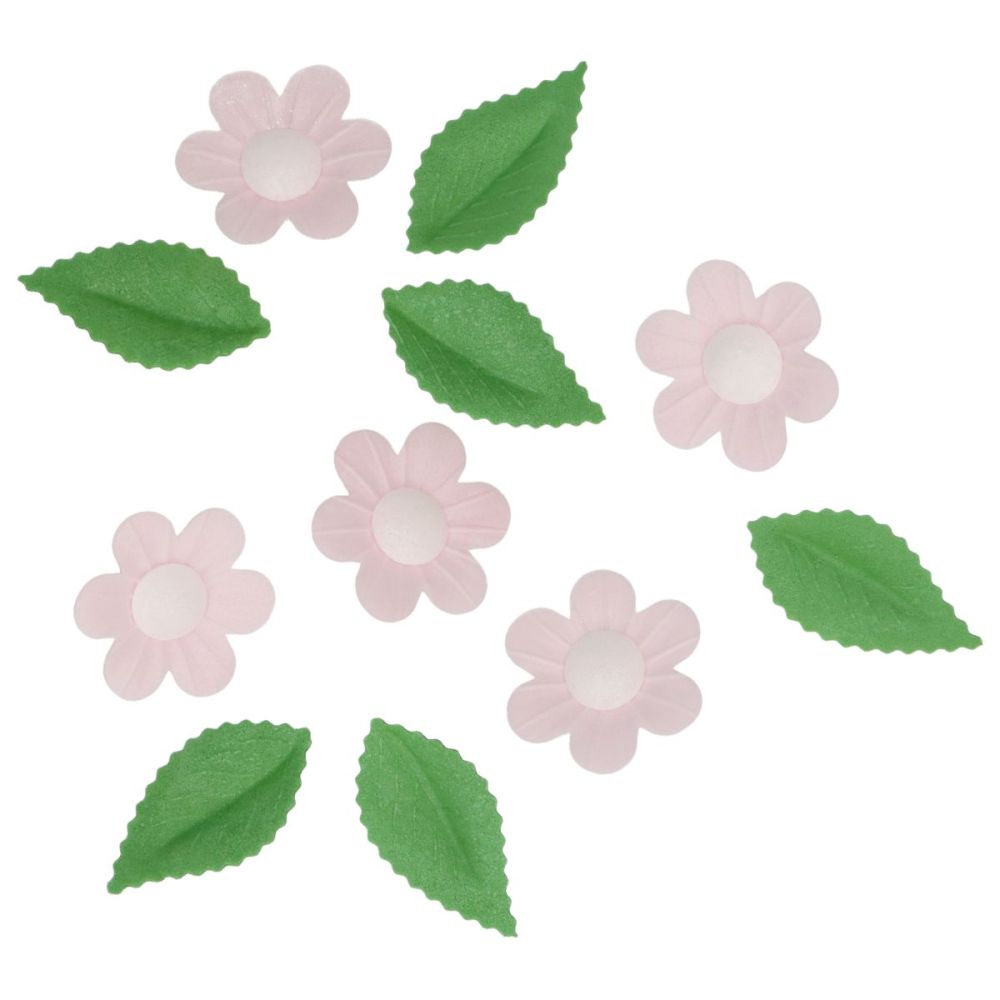 Set of wafer decorations Flowers & Leaves - Wilton - Pink 11 pcs.