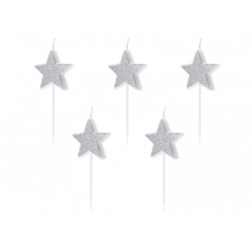 Birthday Stars candles - PartyDeco - silver, 5 pcs.