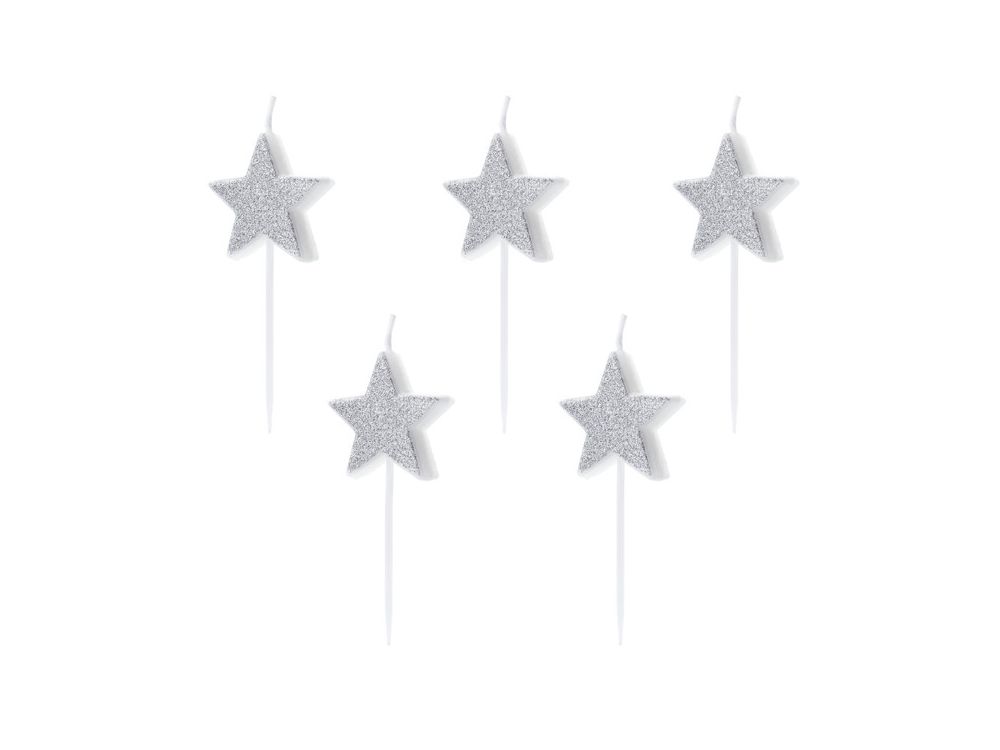 Birthday Stars candles - PartyDeco - silver, 5 pcs.