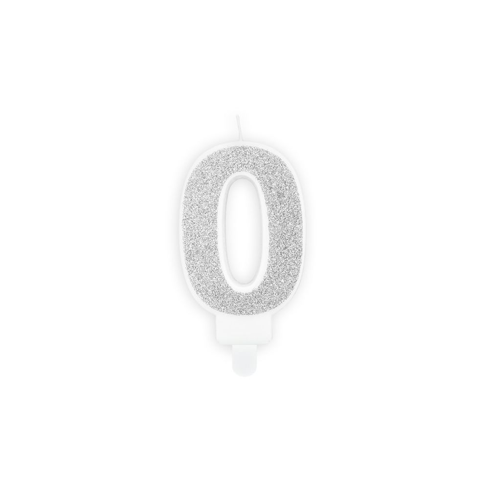 Świeczka urodzinowa cyferka 0 - PartyDeco - brokatowa, srebrna