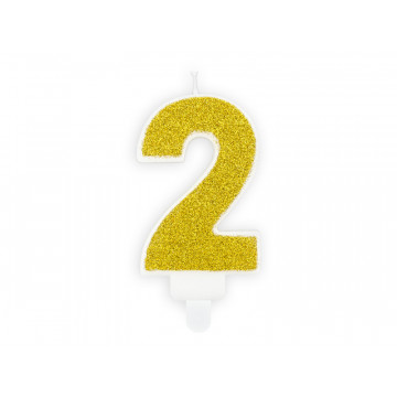 Birthday candle number 2 - PartyDeco - glitter gold