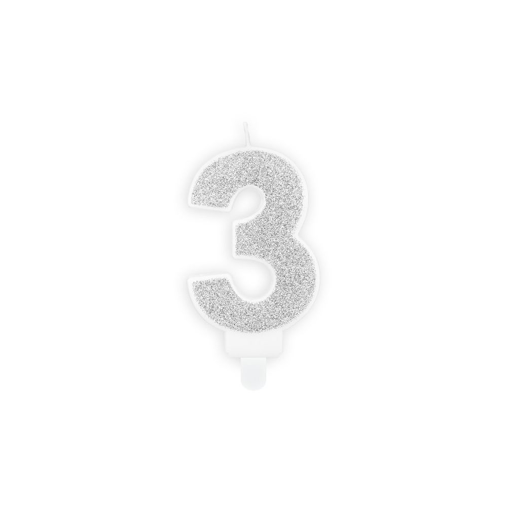 Świeczka urodzinowa cyferka 3 - PartyDeco - brokatowa, srebrna