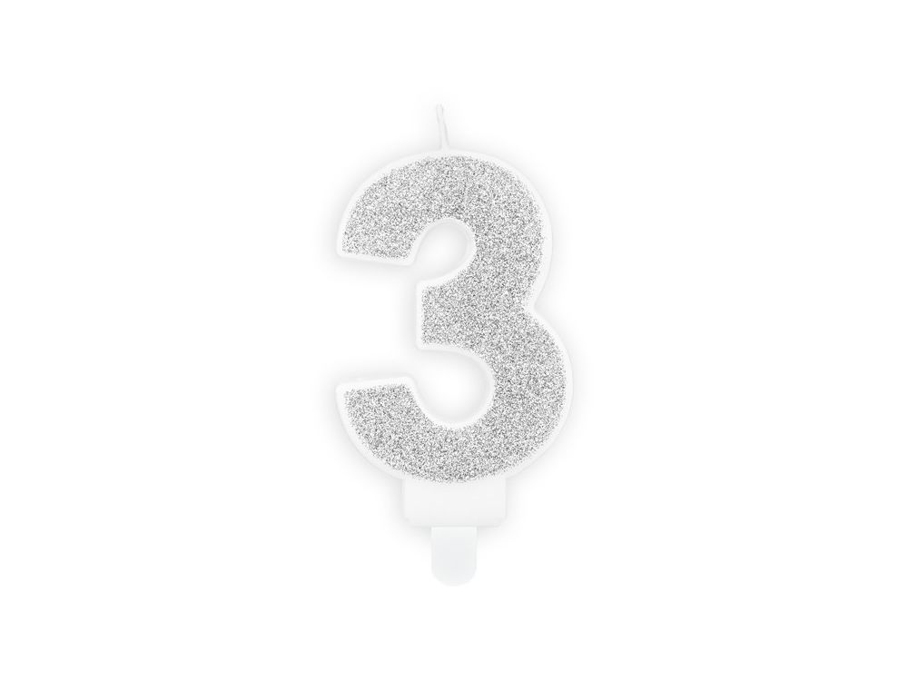 Birthday candle number 3 - PartyDeco - glitter silver