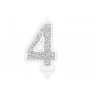 Birthday candle number 4 - PartyDeco - glitter silver
