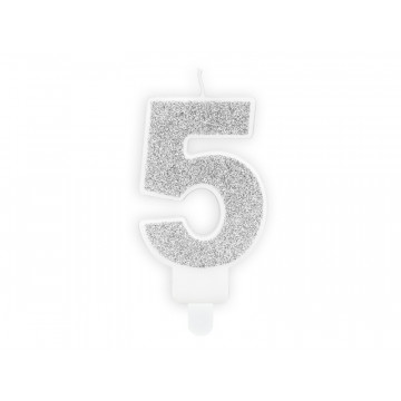 Świeczka urodzinowa cyferka 5 - PartyDeco - brokatowa, srebrna