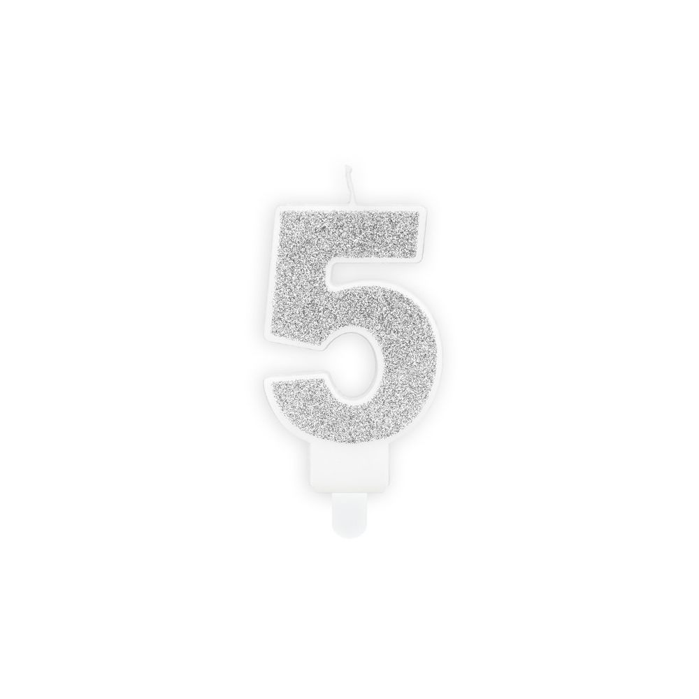 Świeczka urodzinowa cyferka 5 - PartyDeco - brokatowa, srebrna